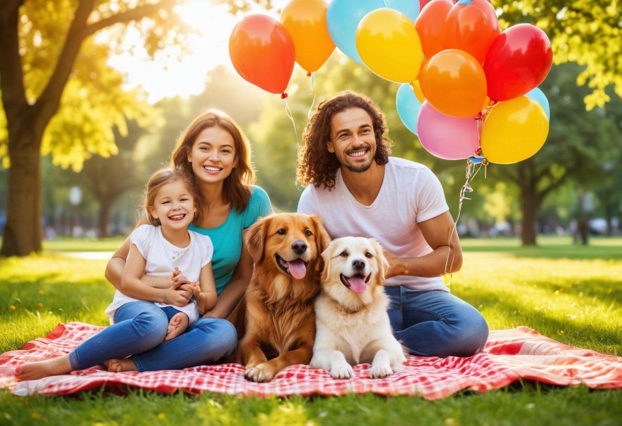A cheerful family enjoying a sunny picnic in a vibrant park, surrounded by symbols of carefree life such as balloons, a cozy blanket, and a playful dog. Their faces reflect joy and security, representing the idea of 'joyful insurance.' In the background, a friendly insurance agent smiles, holding a policy that represents affordability. Bright colors and warm sunlight emphasize a happy atmosphere. cartoon-style, vibrant colors, 3D.
